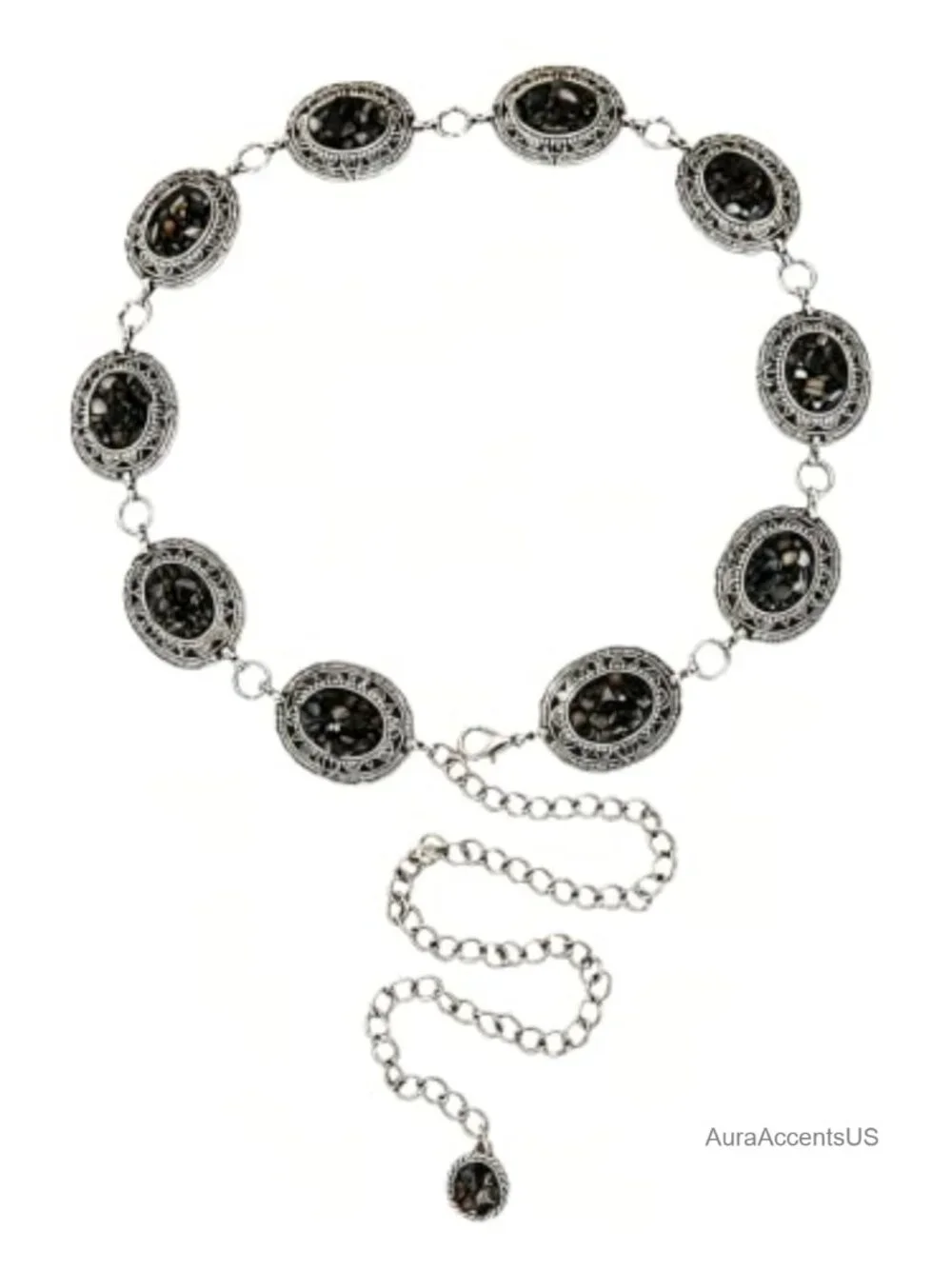 Vintage Western Concho Chain Belt Metal Acrylic Gems Adjustable Waist Chain for
